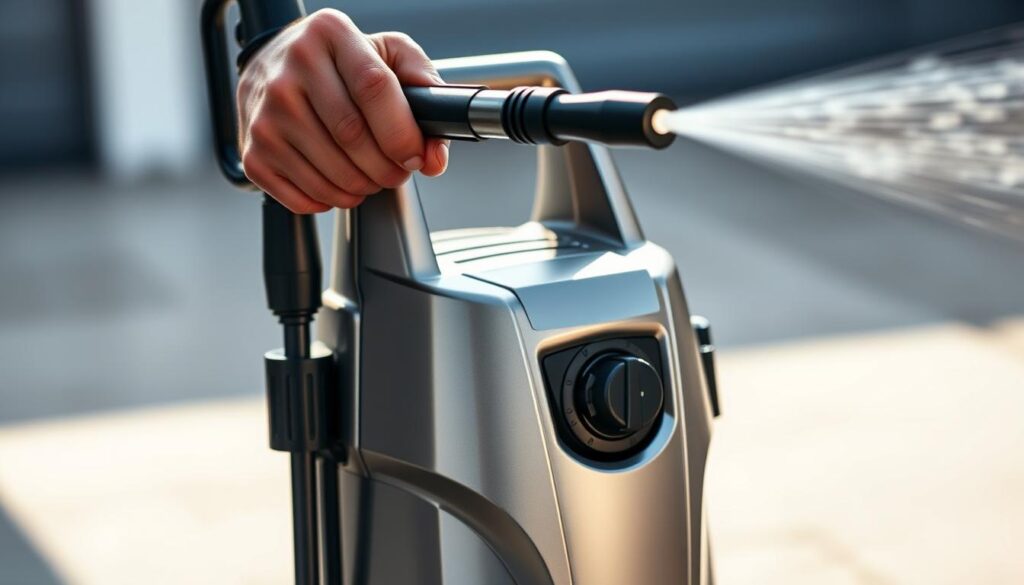 A sturdy, compact Karcher K4 pressure washer stands ready, its sleek metal body gleaming under crisp, directional lighting. The machine's powerful spray wand is grasped firmly, angled to capture the easy, efficient cleaning motion. The background is softly blurred, emphasizing the pressure washer's central role and intuitive, user-friendly design. Subtle highlights accentuate the controls and nozzle, conveying a sense of precision and practicality. The overall scene exudes a mood of focused, effortless cleaning - a testament to the Karcher K4's ergonomic, hassle-free performance.
