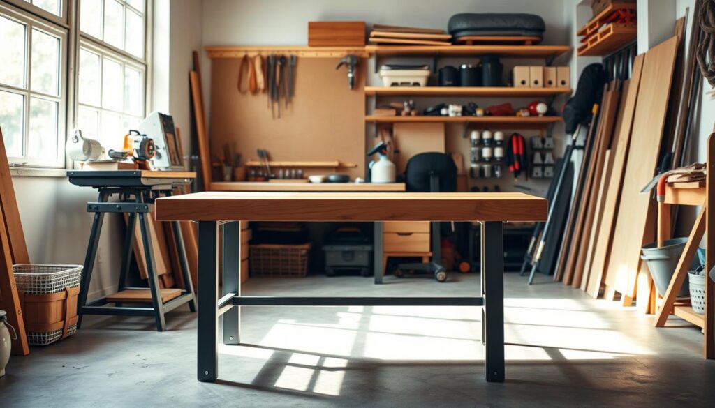 A sturdy, compact knockdown workbench with a sleek, minimalist design, featuring a solid wooden top, metal legs, and a simple folding mechanism that allows for easy storage and transportation. The workbench is positioned in a well-lit, airy home workshop, with natural lighting filtering in through large windows, casting a warm, inviting glow. The overall atmosphere is one of functionality and efficiency, with the workbench serving as a versatile, space-saving solution for the discerning DIY enthusiast.