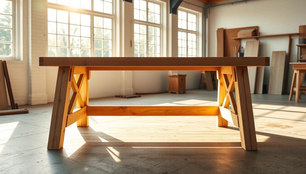 A sturdy, well-constructed workbench base in a bright, airy workshop setting. The base is made of solid wood planks, with a smooth, sanded surface. Detailed joinery at the corners and cross-bracing along the sides provide stability and support. Sunlight streams in through large windows, casting warm, natural lighting across the scene. The workbench is positioned in the foreground, with a clean, minimalist background of white walls and a concrete floor. The overall impression is one of functionality, simplicity, and a sense of craftsmanship.