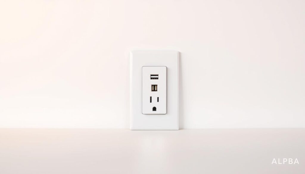 A stylized USB wall outlet set against a clean, minimalist background. The outlet has a sleek, modern design with two USB ports and a traditional electrical socket. The lighting is soft and evenly distributed, creating a warm, inviting atmosphere. The perspective is slightly angled, allowing the outlet to be the central focus of the image. The overall tone is one of practicality and functionality, highlighting the convenience and versatility of the USB wall outlet.