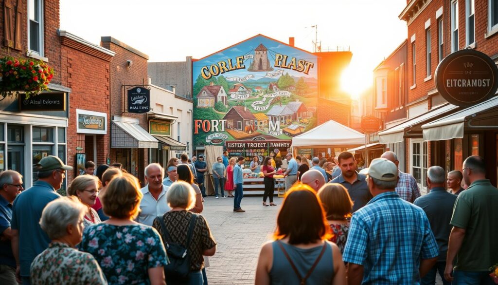 A vibrant community gathering in a cozy town square, with local shops and small businesses lining the streets. In the foreground, a group of neighbors engaged in lively conversation, sharing ideas and supporting one another. In the middle ground, a colorful mural depicting the town's history and values, serving as a backdrop for an outdoor market filled with handmade crafts and locally-sourced produce. The warm, golden light of the setting sun casts a welcoming glow, highlighting the sense of togetherness and shared purpose that defines this community-driven marketing approach.