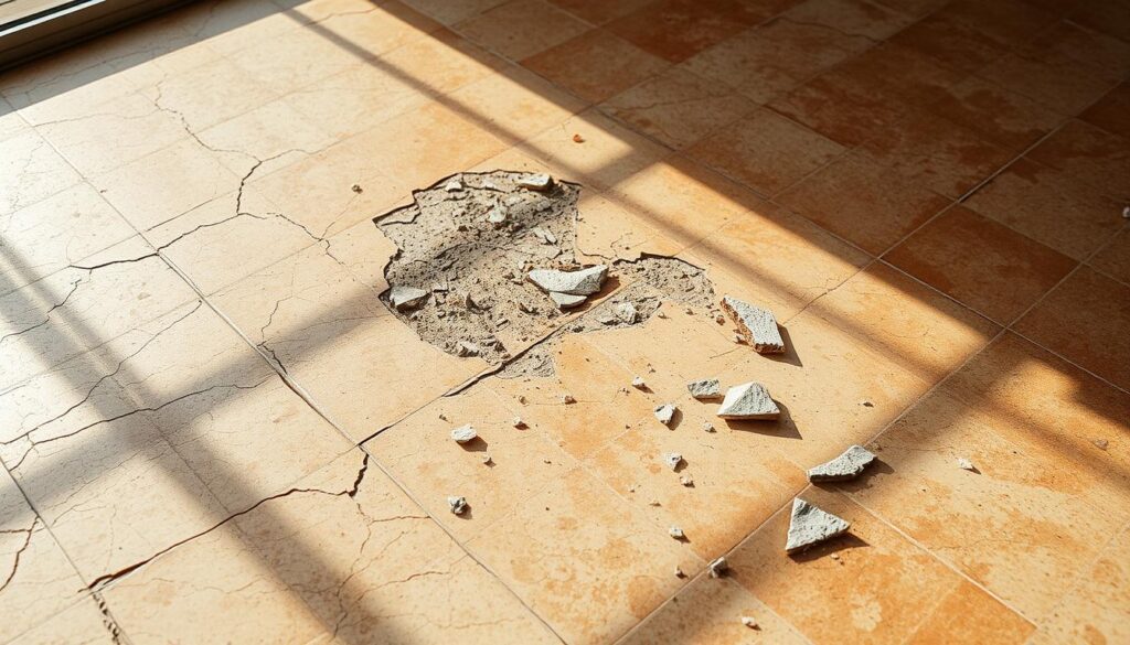 A weathered tile floor, the once-vibrant ceramic now cracked and chipped, revealing the underlying concrete substrate. Sunlight streams through a nearby window, casting warm shadows across the damaged surface. Shards of broken tile litter the area, a testament to the need for prompt repair. The overall scene conveys a sense of neglect and the urgency to address the issue before further deterioration occurs. The lighting and angle provide a sense of depth and realism, inviting the viewer to consider the consequences of ignoring such visible damage.