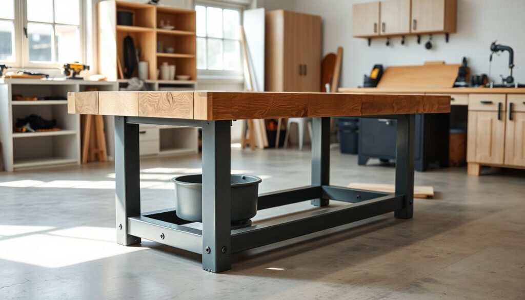 A well-crafted, functional workbench with a sturdy, weathered wood top and a clean, minimalist metal frame. The workbench stands in a bright, airy workshop space with natural light streaming in through large windows. The background features simple, uncluttered shelving units and storage cabinets, creating a sense of organized efficiency. The workbench is positioned at a slight angle, inviting the viewer to imagine themselves working on a variety of projects, from woodworking to electronics repair. The overall scene conveys a sense of productivity, practicality, and a dedication to craftsmanship.
