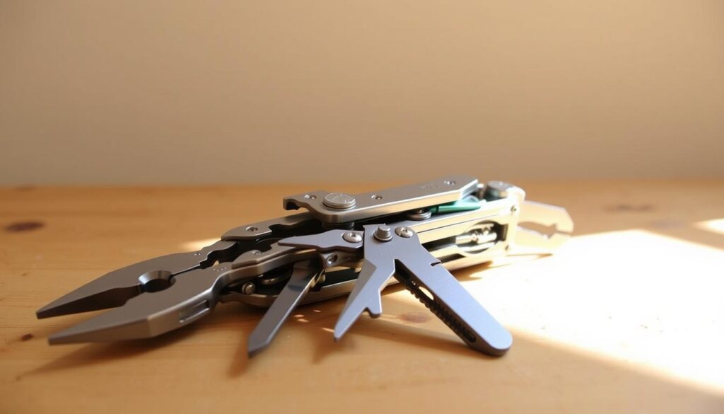 A well-crafted multi-tool in brushed stainless steel, laying on a wooden workbench against a neutral background. The tool features an array of useful implements - pliers, blades, screwdrivers, and more - arranged in an organized, visually appealing manner. Bright, natural lighting from the side creates interesting shadows and highlights the tool's intricate details. The composition emphasizes the multi-tool's versatility and high-quality construction, reflecting the theme of "Comparing Multi-Tools: Which One Suits You?"