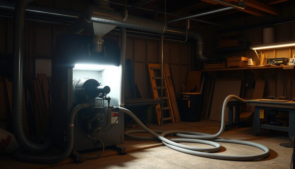 A well-designed dust collection system, featuring a central unit with a powerful motor and large dust collection bin, surrounded by a network of flexible hoses and tubing. The system is situated in a dimly lit workshop, with a warm, industrial atmosphere. The central unit casts a subtle glow, illuminating the intricate components and creating a sense of order and efficiency. The hoses branch out, snaking across the floor and connecting to various woodworking tools, ready to capture and contain the fine wood dust generated during the crafting process. The overall scene conveys a practical, functional aesthetic, with a focus on the technical details and the importance of maintaining a clean and safe working environment.