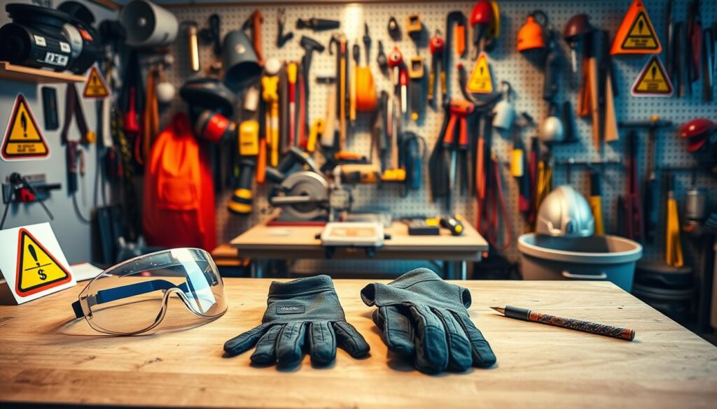 A well-equipped DIY workspace with essential safety gear prominently displayed. In the foreground, a sturdy workbench with goggles, a face shield, and heavy-duty gloves arranged neatly. In the middle ground, a power tool station with a saw, drill, and other tools, all surrounded by warning signs emphasizing caution. The background features a pegboard wall with a diverse array of protective equipment, creating a sense of preparedness and attention to safety. Soft, directional lighting illuminates the scene, casting dramatic shadows and highlighting the importance of these safety measures. The overall atmosphere conveys a message of responsible DIY practices, where protecting oneself is the top priority.