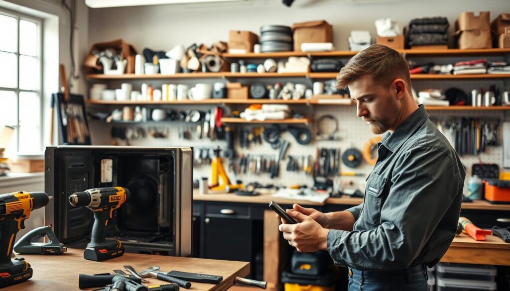 A well-equipped home repair workshop with an array of professional-grade tools, including power drills, saws, hammers, and screwdrivers, neatly organized on workbenches. In the foreground, a skilled technician in a crisp uniform carefully inspects a damaged appliance, their face reflecting deep concentration. Behind them, shelves brimming with an assortment of replacement parts and supplies, conveying a sense of preparedness and expertise. The space is illuminated by warm, natural lighting filtering through large windows, creating a welcoming and productive atmosphere. The overall scene exudes a sense of professionalism, efficiency, and the ability to handle a wide range of home repair tasks with confidence.