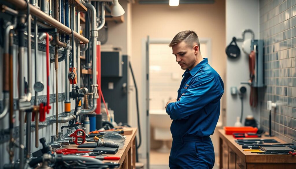 A well-equipped plumber's workshop, with an assortment of pipes, wrenches, and tools neatly organized on the workbench. In the middle ground, a plumber in a blue jumpsuit, focused on inspecting a complex plumbing system, while in the background, a modern bathroom with gleaming fixtures and tiled walls comes into view. Soft, directional lighting casts a warm, professional glow, highlighting the plumber's expertise and the attention to detail in the workshop. The overall atmosphere conveys the skill, dedication, and reliability required to provide top-notch plumbing services.