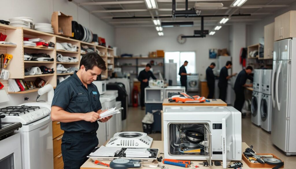 A well-equipped repair shop with a variety of tools and spare parts, showcasing the expertise and professionalism of an appliance repair service. Bright, evenly-lit interior with a warm, inviting atmosphere. In the foreground, a technician in a uniform examines a dismantled appliance on a workbench, surrounded by various tools and manuals. In the middle ground, shelves stocked with an assortment of replacement parts and accessories. The background features a clean, organized workshop space with additional technicians attending to other appliances, conveying the service's efficiency and attention to detail.
