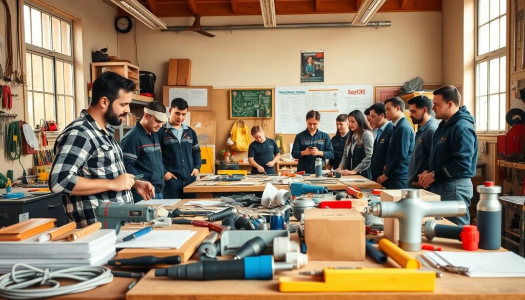 A well-equipped workshop with an assortment of tools and materials, illuminated by warm, natural lighting filtering through large windows. In the foreground, a skilled instructor demonstrates proper techniques to a group of engaged students, their faces focused with determination. The middle ground showcases various hands-on projects, from basic electrical wiring to plumbing repairs, reflecting the breadth of the handyman training course. The background provides a sense of the learning environment, with informative posters, training manuals, and safety equipment, conveying a professional, yet accessible atmosphere for individuals seeking to enhance their practical skills.