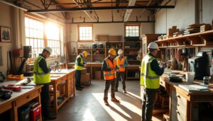 A well-equipped workshop with workbenches, tools, and equipment arranged neatly. Sunlight streams through large windows, casting a warm, inviting glow over the space. In the foreground, a group of students in safety gear diligently practice their handyman skills under the guidance of an experienced instructor. The atmosphere is one of focused learning and skill-building, reflecting the essence of a high-quality handyman training course in Sheffield.