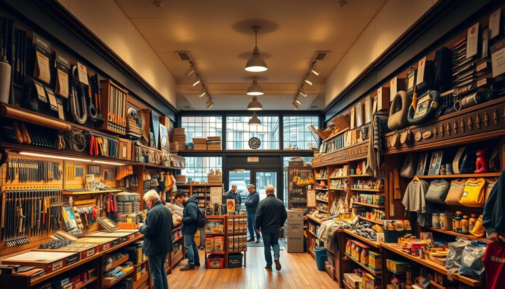 A well-lit Glasgow hardware store with a traditional storefront and a cozy, inviting atmosphere. The interior features rows of shelves stocked with an array of tools, hardware, and home improvement supplies. Warm lighting illuminates the space, casting a soft glow on the wooden floors and displays. Customers browse the aisles, examining products and chatting with knowledgeable staff. The front windows offer a glimpse of the bustling street outside, creating a sense of connection between the store and the lively neighborhood. The overall scene conveys a sense of community, tradition, and a dedication to providing quality products and services to local residents.