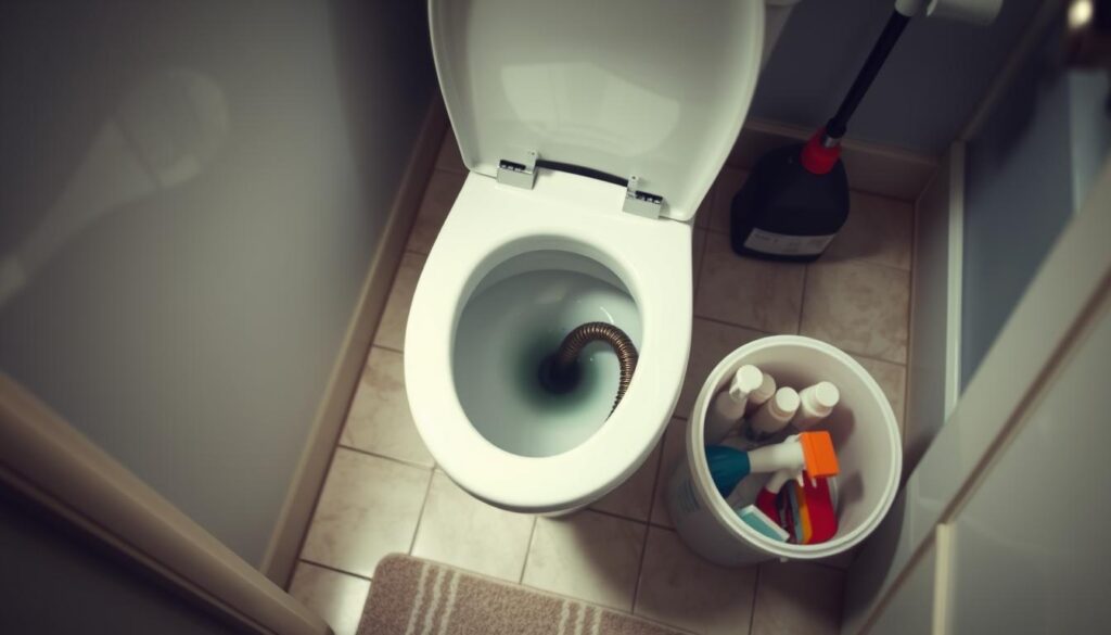 A well-lit bathroom interior, the focus on a clogged toilet bowl. The tank lid is open, revealing the inner workings. Nearby, a plumber's snake and a bucket of cleaning supplies stand ready. The floor is tiled, with a bathmat in a neutral color. The lighting is soft, creating an atmosphere of focused attention and problem-solving. The angle is slightly elevated, giving a clear view of the task at hand. The overall mood is one of determined practicality, with a touch of domestic tranquility.