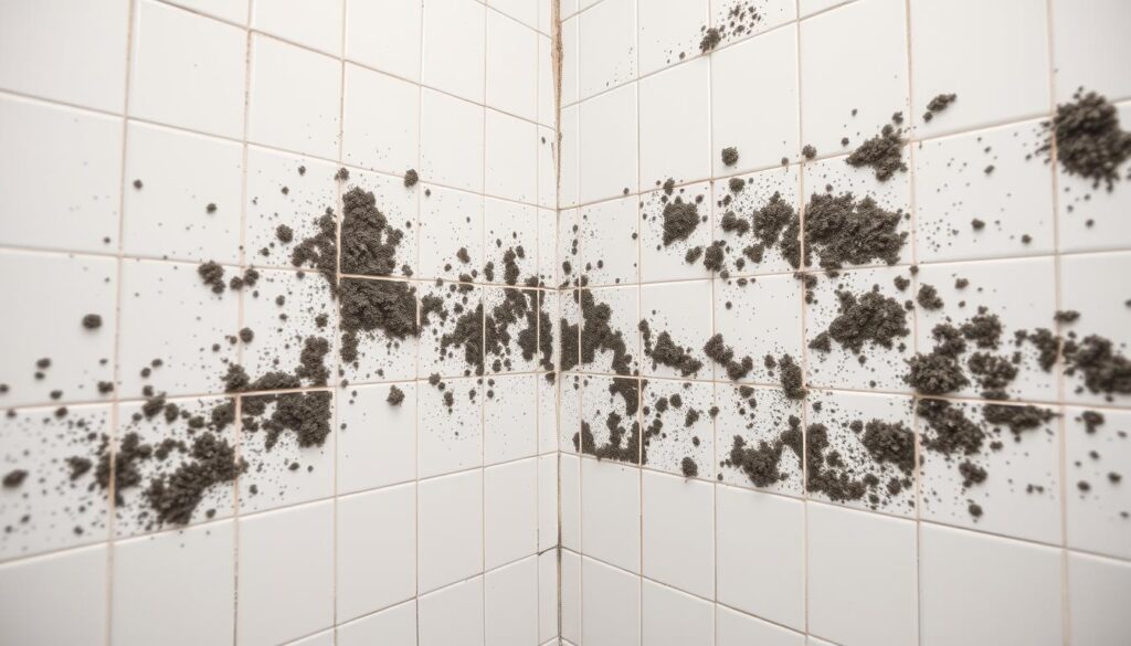 A well-lit bathroom interior, with a close-up view of mold growth on tile walls and grout lines. The tiles have a clean, glossy finish, and the mold appears as dark, fuzzy patches scattered across the surface. The lighting is bright and even, creating clear shadows and highlighting the textural details of the mold. The camera angle is slightly angled, providing a detailed, immersive perspective of the problem area. The overall mood is one of clinical inspection, with a focus on the technical aspects of mold removal.