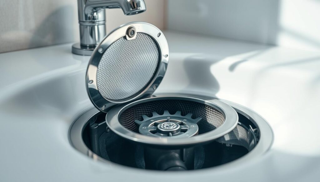 A well-lit bathroom interior with a modern chrome sink and faucet. In the foreground, a close-up view of the sink's drain, revealing the intricate mechanics of the drain system. The drain cover is partially open, exposing the inner workings - a mesh screen, a p-trap, and the pipe leading down. The lighting casts soft shadows, highlighting the metallic surfaces and the complex geometry of the drain components. The overall mood is one of careful examination, inviting the viewer to understand the inner workings of a sink's plumbing system.