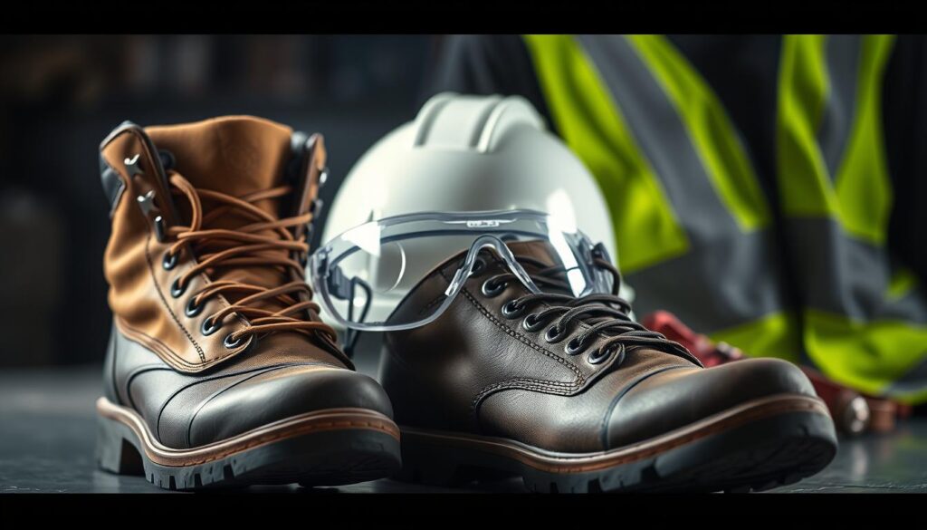 A well-lit, cinematic image of essential safety equipment for DIY projects. In the foreground, a sturdy pair of work boots with protective steel toes and heavy-duty soles. In the middle ground, a sleek, impact-resistant hard hat with ventilation slots, along with a pair of safety goggles with wraparound lenses. In the background, a high-visibility safety vest with reflective strips, designed to keep the wearer visible in low-light conditions. The overall composition conveys a sense of preparedness and attention to personal protection, creating a visually engaging scene that effectively illustrates the importance of protective gear for DIY enthusiasts.