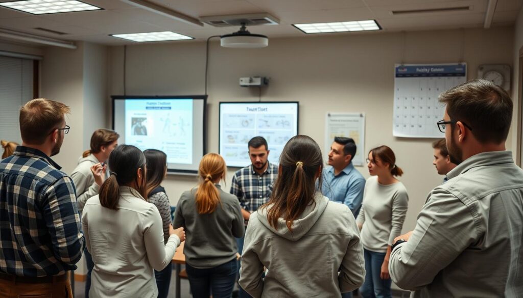 A well-lit classroom setting, showcasing a handyman training course in progress. In the foreground, a group of students attentively gathered around a skilled instructor, examining tools and techniques. The middle ground features visual aids such as diagrams and step-by-step instructions projected onto a large screen. In the background, a wall-mounted calendar highlights the course duration, conveying a sense of structure and professionalism. The overall atmosphere is one of focused learning and practical application, with subtle lighting and a neutral color palette creating a comfortable, educational environment.