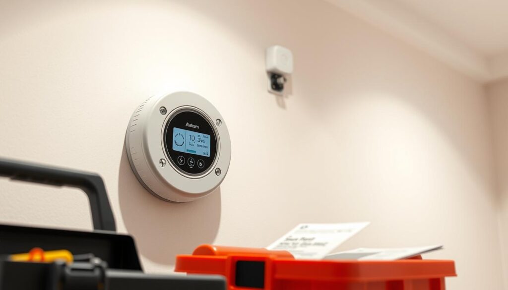 A well-lit, cleanly rendered image of a smart smoke alarm being carefully installed on a wall, with the installation process clearly visible. The alarm is a modern, sleek design with a digital display and connectivity features. A toolbox and installation instructions are visible in the foreground, suggesting a methodical and organized approach. The mid-ground shows the wall surface, with electrical wiring and mounting hardware exposed, highlighting the technical aspects of the installation. The background features a neutral, soft-toned interior space, allowing the installation process to be the focal point. The overall mood is one of professionalism, attention to detail, and a sense of confidence in properly setting up a smart smoke alarm network.