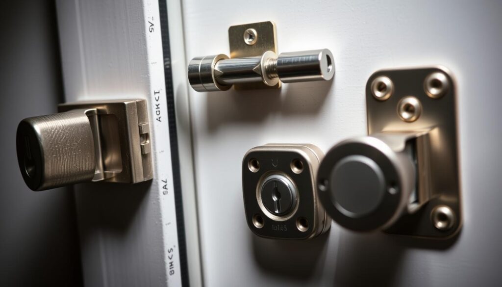 A well-lit close-up of various window lock security features, including a sturdy metal bolt, a reinforced latch mechanism, and a tamper-resistant cover plate. The locks are presented against a neutral background, allowing the intricate details and engineering to be the focal point. The lighting accentuates the metallic finishes and casts subtle shadows, conveying a sense of quality and durability. The overall mood is one of reliability and security, with a technical, architectural aesthetic that would complement the "Selecting Tamper-Proof Window Locks: A Homeowner's Guide" article.