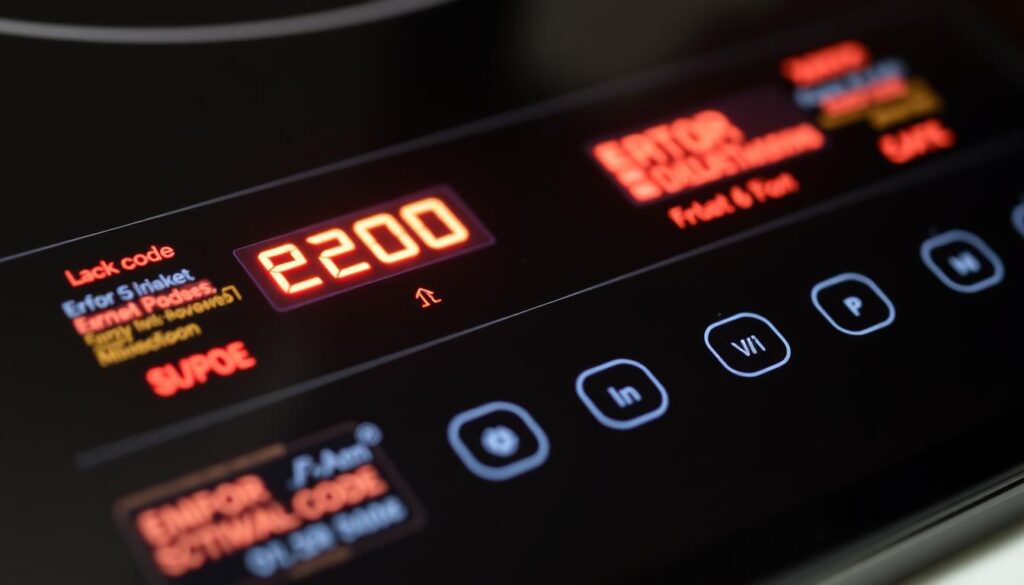 A well-lit, close-up photograph of an induction hob control panel displaying various error codes. The error codes are shown as bright, digital displays against a dark, sleek surface, giving a high-tech, modern aesthetic. The panel is angled slightly to provide a clear, detailed view of the error codes. The lighting is balanced, with soft shadows to accentuate the technical features. The overall atmosphere is one of diagnostic focus, conveying the sense of troubleshooting and problem-solving.