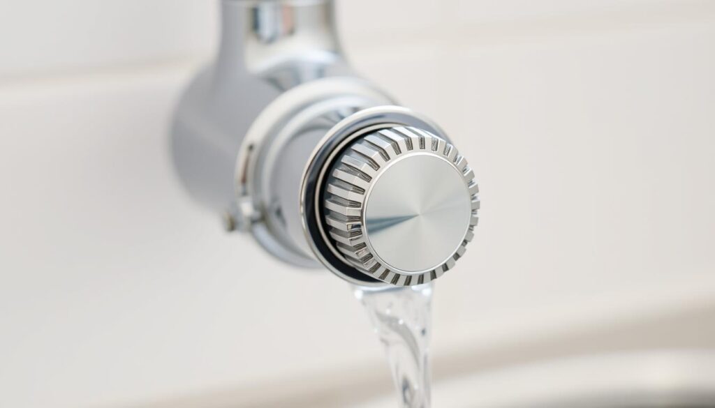 A well-lit, close-up shot of a chrome stop tap, its knob turned clockwise to adjust the water flow. The tap is set against a neutral background, perhaps a tiled wall or a stainless steel sink, allowing the intricate details of the mechanism to be clearly visible. The lighting is soft and even, highlighting the metallic sheen and the subtle grooves on the knob's surface. The composition emphasizes the stop tap's function as a crucial component in a plumbing system, conveying a sense of the importance of proper maintenance and adjustment for achieving optimal water pressure in a household.
