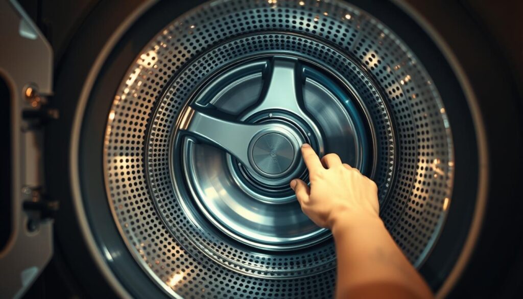 A well-lit, close-up shot of a clothes dryer drum, with a hand reaching in to inspect the interior. The drum rotates slowly, revealing a visible thumping or banging noise source, such as a loose component or unbalanced load. The lighting is warm and focused, highlighting the mechanical details and textures of the dryer. The composition is tight and centered, emphasizing the problem area that needs to be fixed. The overall mood is one of focused problem-solving, inviting the viewer to imagine themselves easily diagnosing and repairing the issue.