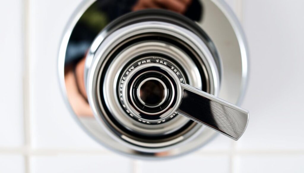 A well-lit close-up shot of a shower diverter valve, its chrome exterior gleaming against a white tile background. The valve's rotational mechanism is prominently displayed, with detailed textures and subtle reflections. The scene conveys a sense of precision and the careful removal process, with a clean, minimalist aesthetic that aligns with the article's subject matter. The lighting is soft and directional, accentuating the valve's form and highlighting its key components. The overall composition is balanced and visually appealing, providing a clear illustration of the shower diverter valve removal process.
