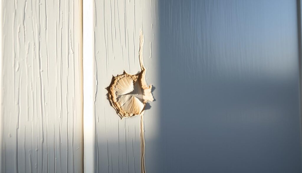 A well-lit, close-up view of a dented and weathered uPVC door panel. The surface shows visible scratches, scuffs, and a prominent dent in the center. The door frame is partially visible, highlighting the textured material and weatherstripping. The lighting is natural, creating soft shadows that accentuate the depth and contours of the damage. The overall mood is one of a practical, functional repair scenario, inviting the viewer to consider the steps needed to restore the door to its former condition.
