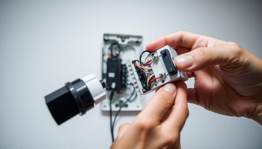 A well-lit, close-up view of a doorbell transformer being replaced. The foreground shows hands skillfully removing the old transformer and connecting the new one, with the focus on the electrical wiring and terminals. The middle ground reveals the wall-mounted doorbell unit, its cover panel removed to expose the internals. The background is a clean, uncluttered space, providing ample room to highlight the replacement process. The lighting is bright and directional, casting subtle shadows that accentuate the three-dimensional nature of the components. The overall mood is one of technical precision and step-by-step instruction, guiding the viewer through the replacement procedure.