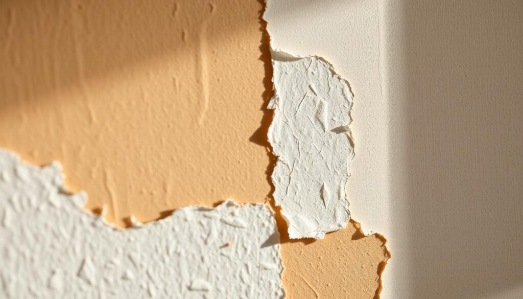 A well-lit, close-up view of a freshly stripped section of wallpaper, revealing the underlying wall surface. The foreground showcases the textured, uneven pattern of the removed wallpaper, with clear delineations between the bare drywall and the lingering adhesive residue. The middle ground highlights the subtle variations in color and tone of the exposed wall, hinting at potential imperfections or damage that may need addressing. The background is softly blurred, maintaining the focus on the test area. Warm, natural lighting casts gentle shadows, emphasizing the depth and texture of the surface. The overall mood is one of close inspection, highlighting the importance of this crucial wallpaper removal test step.