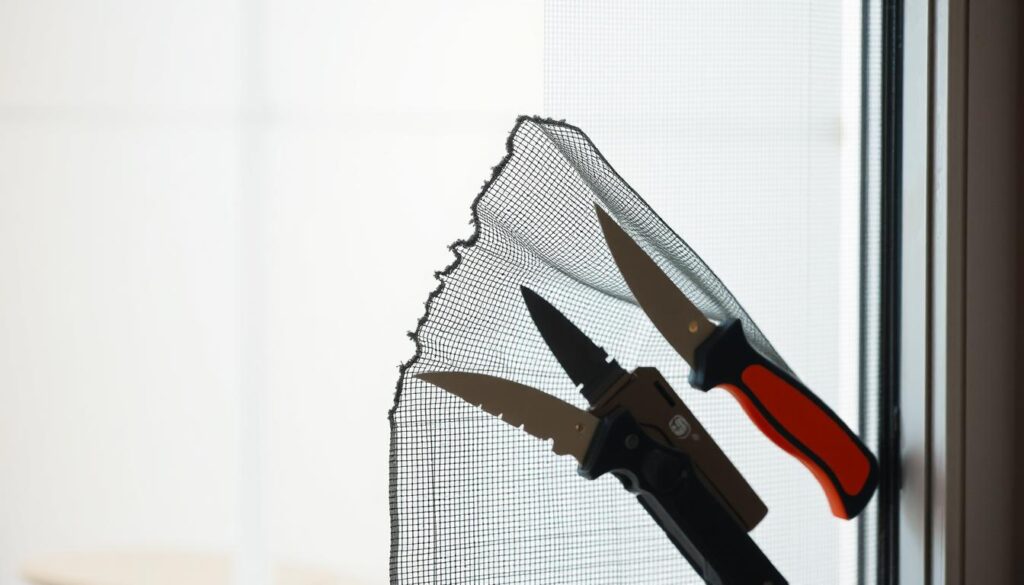 A well-lit, close-up view of a partially removed window screen frame, showcasing the intricate process of replacing a torn or damaged screen mesh. The frame is made of sturdy aluminum with a brushed silver finish, positioned against a clean, slightly out-of-focus background that suggests a tidy, organized workspace. The screen mesh is partially peeled away, revealing the underlying frame structure and the tools needed for the replacement, such as a new roll of screen material, a utility knife, and a screen rolling tool. The lighting is soft and natural, creating a sense of focus and clarity on the task at hand, while the overall composition emphasizes the step-by-step nature of the window screen replacement process.