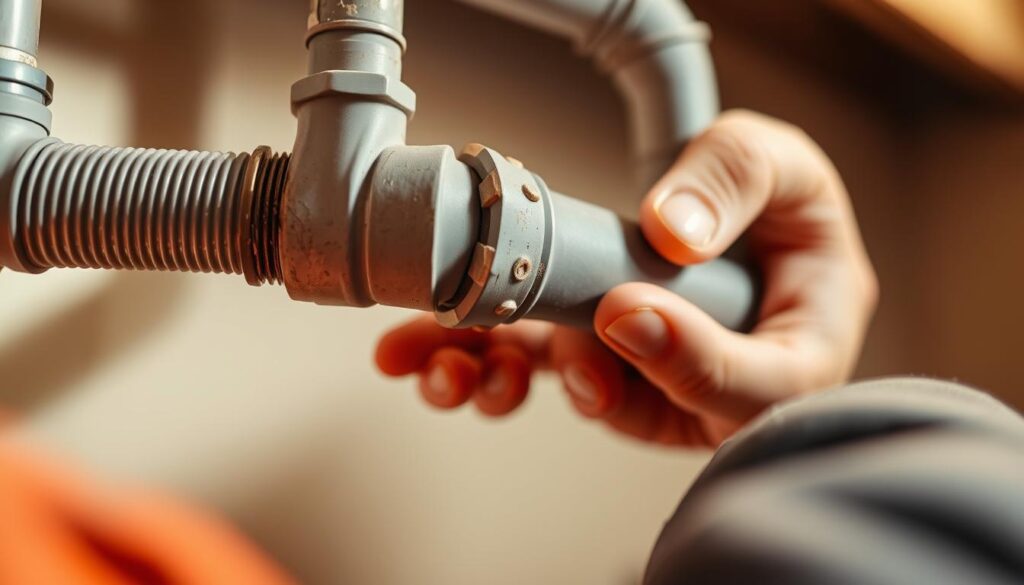 A well-lit, close-up view of a plumber's hands closely inspecting a flexible pipe connection for any signs of wear, cracks, or leaks. The pipe is positioned at an angle, allowing for a clear view of the joints and fittings. The background is blurred, keeping the focus on the task at hand. The lighting is warm and natural, casting subtle shadows that accentuate the texture and details of the materials. The scene conveys a sense of care, precision, and attention to detail as the plumber meticulously examines the piping for any potential issues before proceeding with the installation.