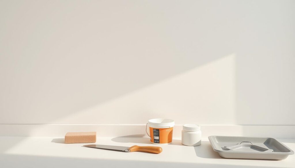 A well-lit, close-up view of a smooth, flat interior wall surface, with a slightly rough, sanded texture visible. The wall is painted in a neutral, off-white color, creating a clean, minimalist backdrop. In the foreground, various tools and materials for wall preparation are neatly arranged, including a sandpaper block, a putty knife, a small bucket of joint compound, and a paint roller tray. Soft, directional lighting casts subtle shadows, emphasizing the surface texture and creating a sense of depth. The overall scene conveys a sense of preparation and attention to detail, reflecting the care and precision required for successful wall texturing.