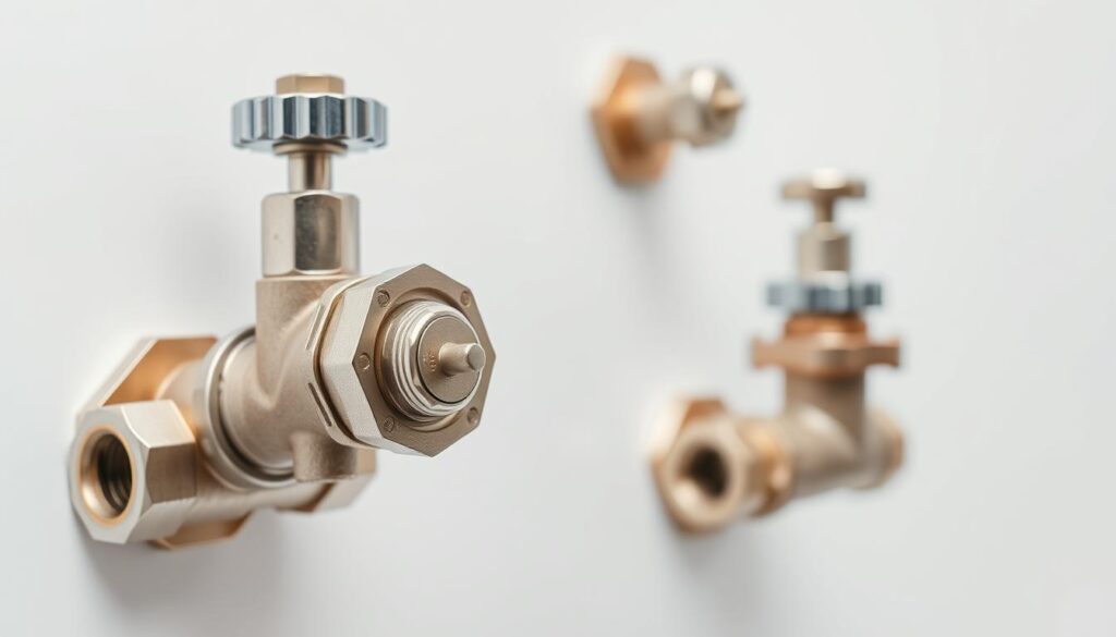 A well-lit, close-up view of home emergency shut-off valves, showcasing their intricate design and mechanical components. The valves are mounted on a crisp white background, allowing the viewer to focus on their functional details. Capture the valves from multiple angles, emphasizing their precise machining, sturdy construction, and the essential role they play in home safety. Utilize a shallow depth of field to gently blur the background, drawing the eye to the valves' key features. Imbue the image with a sense of technical elegance and the importance of these unsung heroes of home plumbing systems.