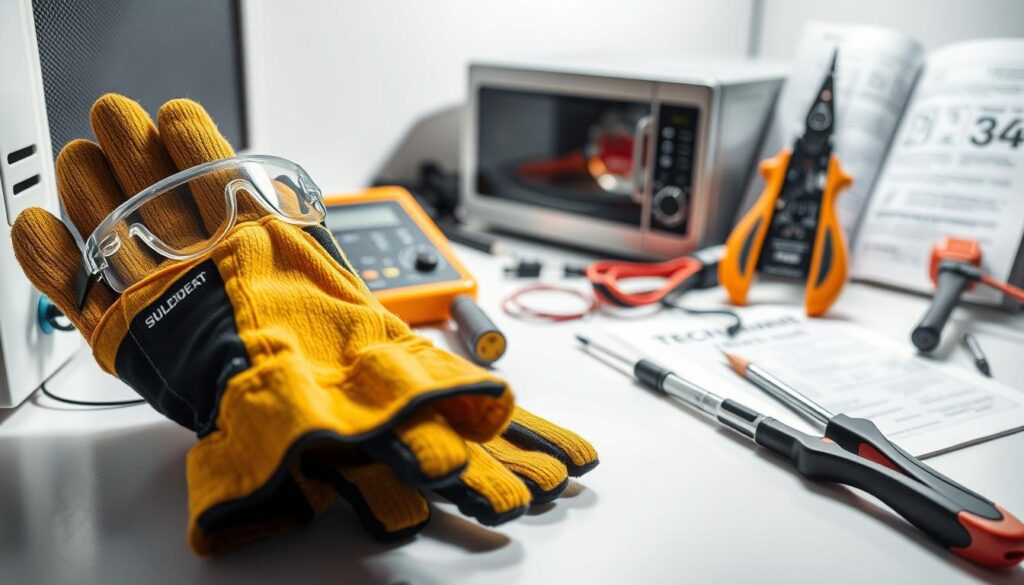 A well-lit, closeup view of a set of essential microwave repair tools arranged on a clean, organized workbench. In the foreground, a pair of sturdy protective gloves, safety goggles, and a multimeter. In the middle ground, a soldering iron, wire cutters, and a screwdriver set. In the background, a microwave oven component and a technical manual open to a relevant page. The lighting is bright and directional, casting shadows that emphasize the tools' forms and textures. The overall mood is one of careful preparation and attention to safety before attempting any microwave repair work.