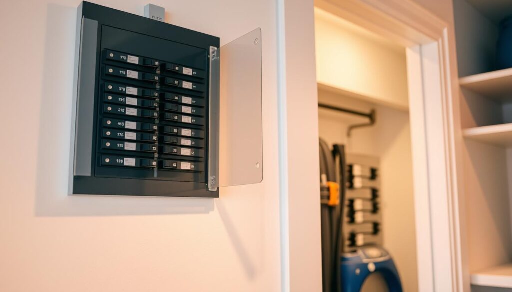 A well-lit, detailed circuit breaker panel in a modern residential interior. The panel is mounted flush against the wall, with rows of breakers neatly organized behind a glass or clear plastic cover. The panel is situated in a clean, organized utility room or closet, with soft, warm lighting illuminating the space. The breakers are clearly labeled, allowing for easy identification. The overall scene conveys a sense of order and functionality, reflecting the importance of this electrical component in the home.