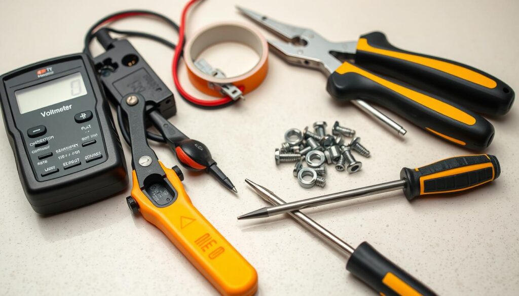A well-lit, detailed close-up photograph of a collection of essential tools for replacing a doorbell transformer, including a voltmeter, wire strippers, electrical tape, wire nuts, and a screwdriver set, neatly arranged on a clean, neutral-colored surface. The tools are positioned to showcase their functionality and convey a sense of professionalism and safety, with a focus on the technical aspects required for the task at hand.