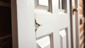 A well-lit, detailed close-up view of a damaged white uPVC door panel, showcasing a prominent dent or indentation. The door's surface appears weathered, with subtle texture and subtle shadows highlighting the damaged area. The panel is positioned in the center of the frame, filling the majority of the image. The background is slightly blurred, emphasizing the main subject. The lighting is soft and diffused, creating a warm, natural ambiance that accentuates the door's material properties. The overall composition and angle convey a sense of focus and attention to the repair process.