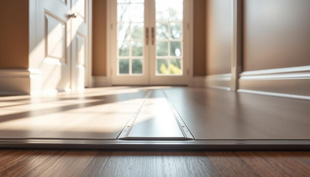 A well-lit, detailed installation of a threshold strip in a modern entryway. The scene features a sturdy, brushed metal threshold strip firmly embedded into the flooring, creating a seamless transition between surfaces. Bright, natural lighting streams in from large windows, casting warm shadows and highlights that accentuate the clean, minimalist design. The threshold is positioned at the center of the frame, surrounded by sleek hardwood floors and a neutral-toned wall. The overall mood is one of precision, functionality, and understated elegance.
