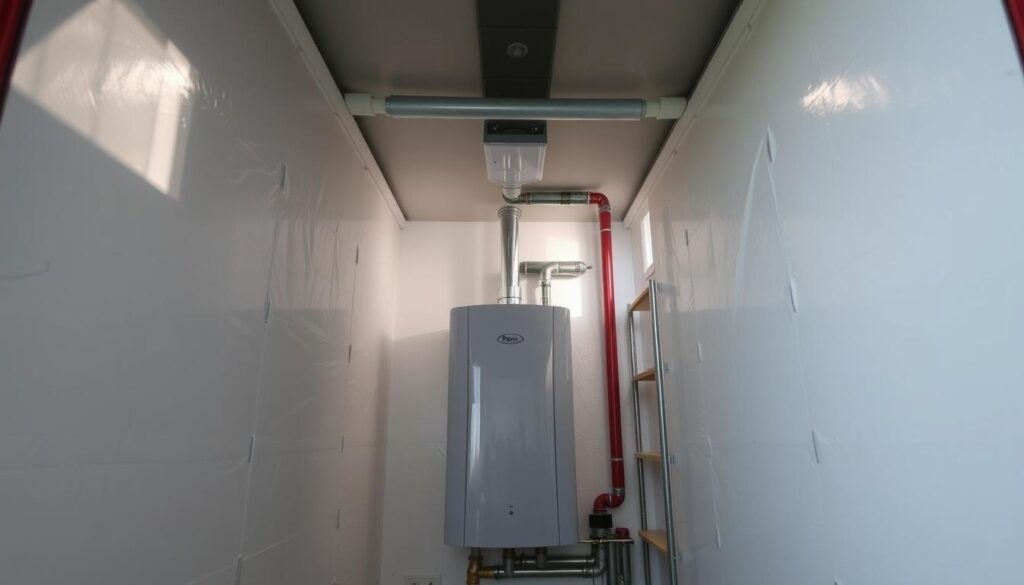 A well-lit, detailed interior view of a boiler cupboard with fireproofing materials installed. In the foreground, a newly installed fire-resistant lining covers the walls and ceiling, with visible seams and fasteners. In the middle ground, a boiler and associated piping are visible, neatly arranged and secured. The background shows the overall cupboard structure, with shelving and storage space. The lighting is bright and natural, creating a sense of cleanliness and safety. The angle is a slightly elevated perspective, allowing the viewer to see the comprehensive fireproofing setup. The overall mood is one of a professional, well-organized, and fire-safe boiler cupboard.