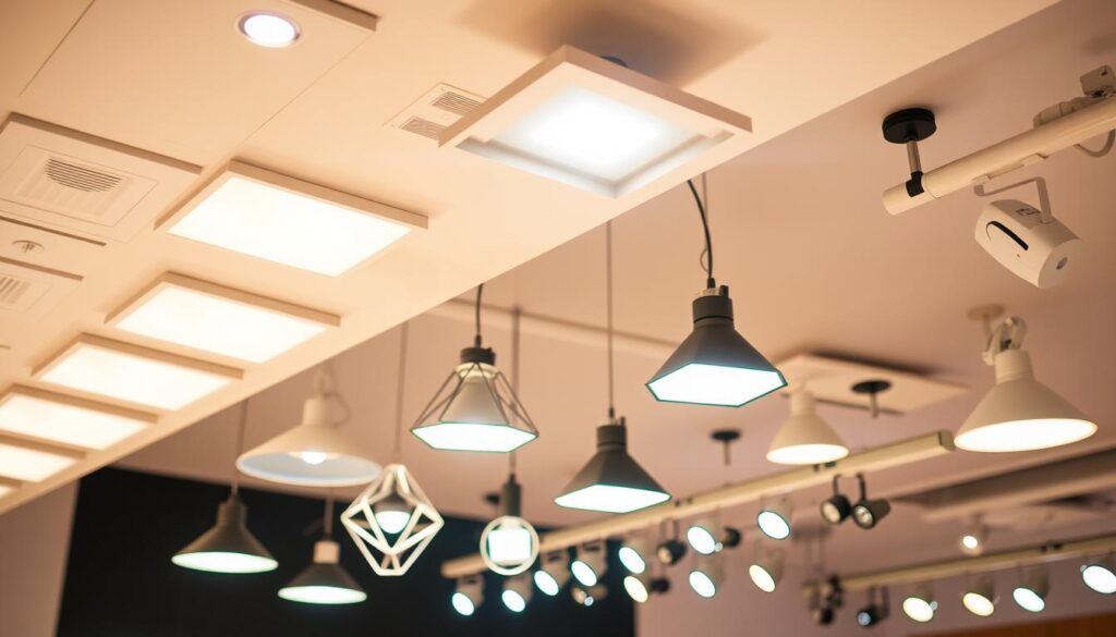A well-lit display of various LED lighting fixtures in a modern, minimalist setting. In the foreground, an array of recessed ceiling lights, sleek and streamlined, casting a warm, even glow. In the middle ground, a selection of pendant lamps with geometric, angular designs, their LED bulbs shining brightly. Towards the back, a row of track lights, adjustable and versatile, illuminating the space with precision. The overall atmosphere is one of clean, efficient lighting, showcasing the diverse options available for upgrading from traditional halogen bulbs to energy-efficient LED technology.