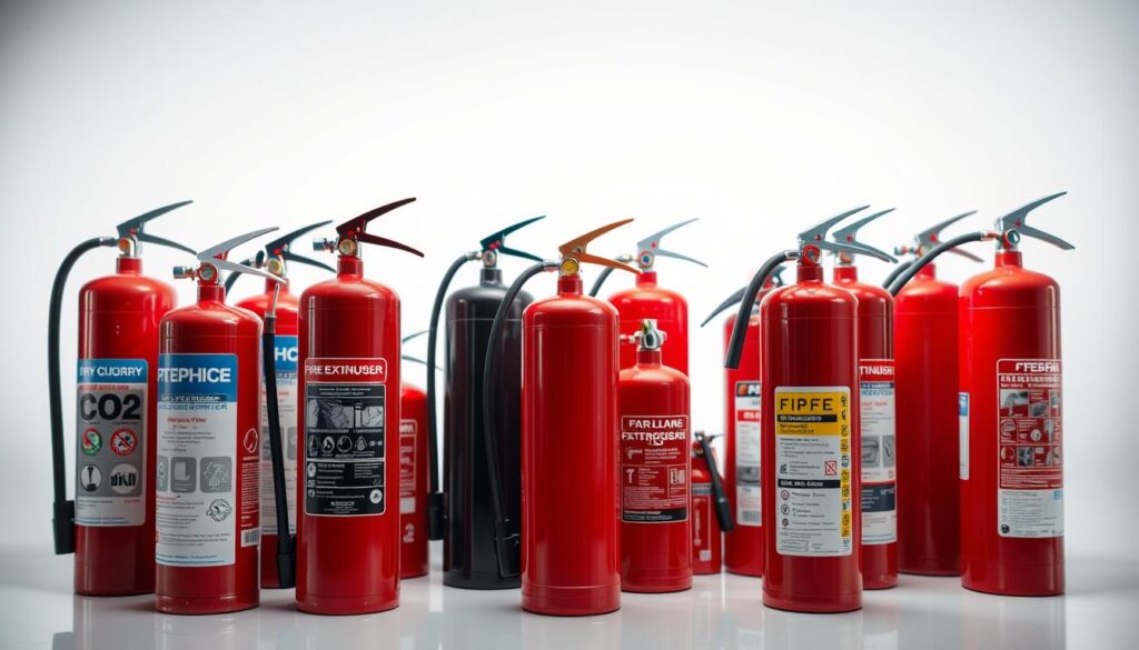 A well-lit display of various fire extinguishers arranged on a clean, white background. In the foreground, the main focus is on several common types - dry chemical, CO2, and water-based - showcasing their distinct designs and colors. The middle ground features smaller specialized extinguishers like wet chemical and clean agent models. The background subtly fades into soft shadows, creating depth and highlighting the extinguishers' technical details. The lighting is balanced, with a soft, directional source that casts gentle highlights, conveying a sense of professionalism and utility. The overall mood is informative and practical, reflecting the importance of fire safety and the need to choose the appropriate extinguisher for specific premises.