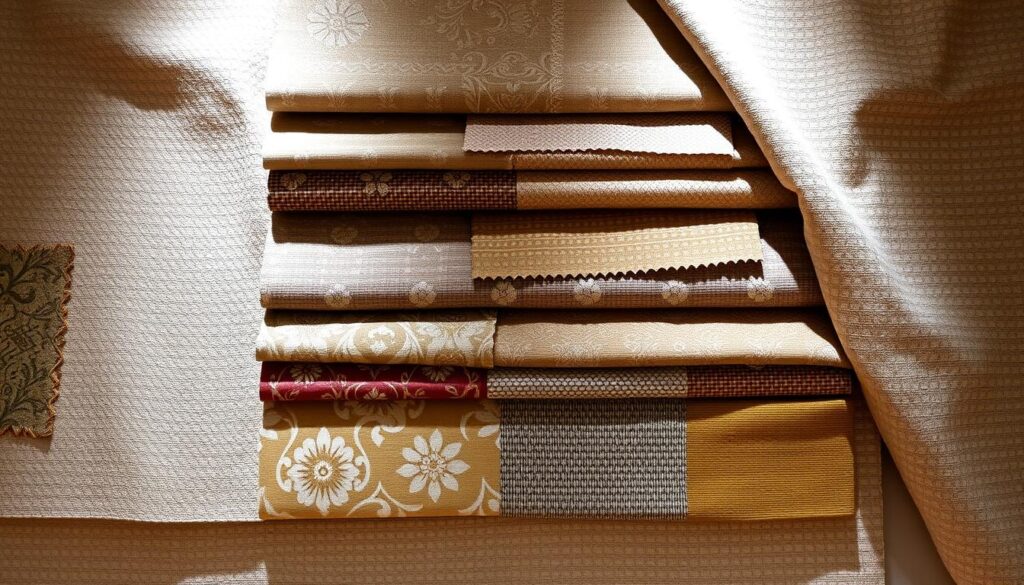 A well-lit display of various upholstery fabric samples, neatly arranged on a neutral background. The fabrics showcase a range of patterns, from classic damasks and floral motifs to modern geometric designs and textured weaves. The lighting is soft and diffused, highlighting the nuances of color, texture, and sheen in each fabric swatch. The composition is balanced, with the fabrics taking center stage, allowing the viewer to easily compare and contrast the different options. An atmosphere of thoughtful consideration and inspiration pervades the scene, as if inviting the viewer to imagine the perfect fabric for their dining chair reupholstery project.