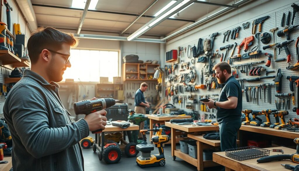A well-lit, expansive tool rental workshop in Bristol, with an array of power tools, hand tools, and equipment neatly organized on shelves and workbenches. Sunlight streams through large windows, casting a warm, inviting glow over the space. In the foreground, a DIY enthusiast inspects a cordless drill, considering its features and capabilities. The middle ground showcases a variety of tools, from hammers and saws to sanders and paint sprayers, each labeled and easily accessible. In the background, a knowledgeable staff member assists another customer, discussing the best tool for their upcoming project. The overall atmosphere conveys a sense of professionalism, convenience, and a passion for empowering local DIY enthusiasts.
