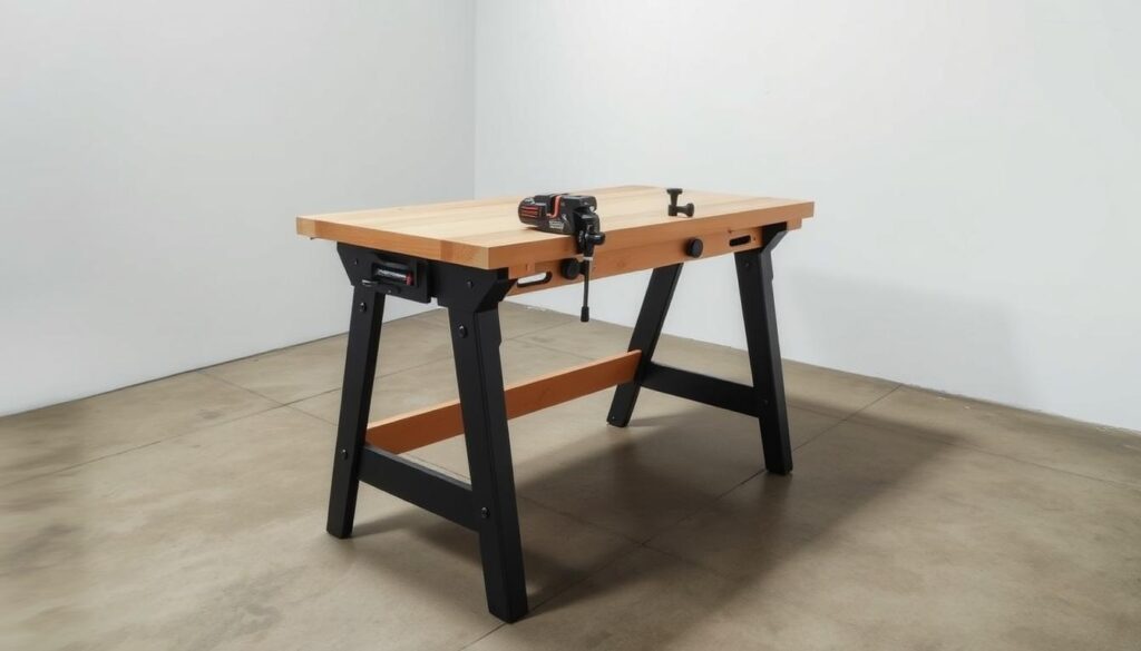 A well-lit, high-angle shot of a Black+Decker Workmate workbench in a modern, minimalist workshop setting. The sturdy, wood-and-metal construction is prominently featured, showcasing its adjustable legs, vise grips, and collapsible design. The workbench is positioned on a smooth concrete floor, with a neutral background of clean white walls, highlighting its practical and functional nature. Soft, directional lighting casts subtle shadows, emphasizing the workbench's solid build and the versatility of its integrated clamping system, ideal for a variety of DIY and woodworking projects.