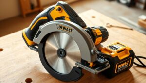 A well-lit, high-angle shot of a DeWalt Compact Circular Saw on a workbench, with a warm, natural lighting that highlights the saw's sleek, black and yellow design. The saw is positioned prominently, with its blade and motor housing clearly visible, conveying a sense of power and precision. The background is slightly blurred, allowing the viewer to focus on the details of the saw, such as its ergonomic grip, safety features, and cordless battery pack. The overall composition and lighting create a professional, yet approachable, atmosphere, reflecting the saw's versatility and suitability for a wide range of DIY and construction tasks.