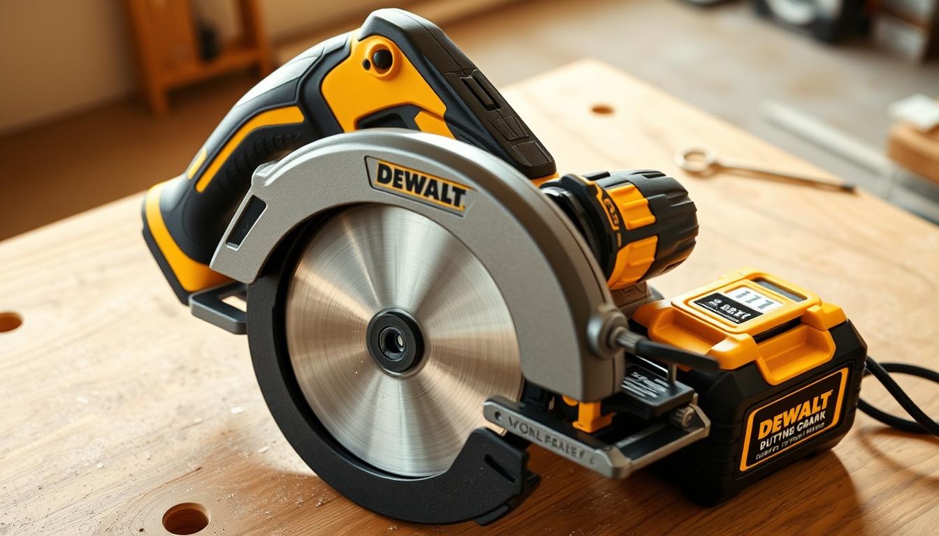A well-lit, high-angle shot of a DeWalt Compact Circular Saw on a workbench, with a warm, natural lighting that highlights the saw's sleek, black and yellow design. The saw is positioned prominently, with its blade and motor housing clearly visible, conveying a sense of power and precision. The background is slightly blurred, allowing the viewer to focus on the details of the saw, such as its ergonomic grip, safety features, and cordless battery pack. The overall composition and lighting create a professional, yet approachable, atmosphere, reflecting the saw's versatility and suitability for a wide range of DIY and construction tasks.