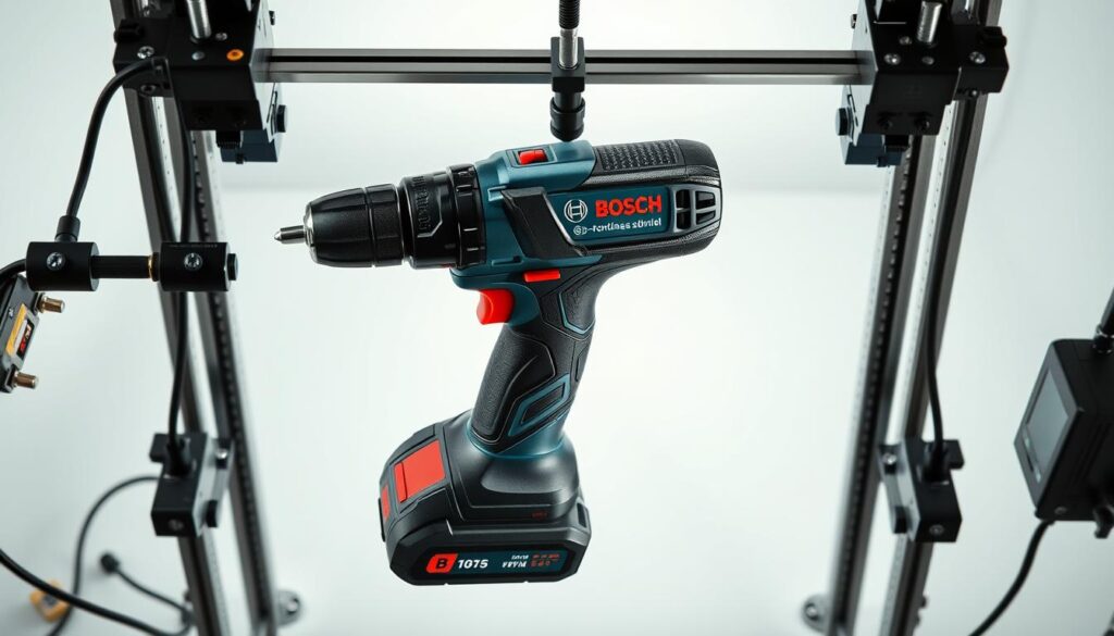 A well-lit, high-angle studio shot of a Bosch cordless drill being tested for performance. The drill is held securely in a test rig, with various sensors and instruments surrounding it. The scene has a clean, professional atmosphere, with a plain white background that allows the drill to be the focal point. Bright, directional lighting casts dramatic shadows, highlighting the tool's sleek design and engineering details. The camera is positioned to capture a three-quarter view, showcasing the drill's key features and mechanisms in action during the testing process.