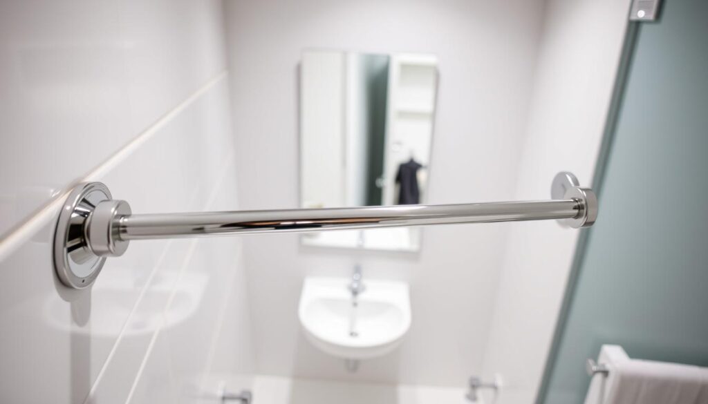 A well-lit, high-angle view of a bathroom interior, showcasing the installation of a sturdy, chrome-finished towel bar. The foreground features the towel bar, with its brackets securely mounted onto the tiled wall, creating a sleek and functional focal point. The middle ground shows the surrounding bathroom fixtures, such as a porcelain sink and mirror, providing context. The background depicts a minimalist, white-tiled wall, creating a clean and modern aesthetic. The lighting is soft and even, highlighting the metallic shine of the towel bar and creating a sense of depth and dimension. The overall composition conveys a step-by-step guide on how to properly install a reliable and visually appealing bathroom towel rail.