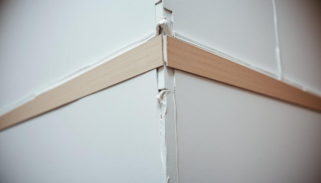 A well-lit, high-angle view of a freshly prepared drywall corner, showcasing the smooth, uniform surface and clean edges, ready for the installation of a metal corner bead. The foreground features the corner joint, with the drywall panels butted together seamlessly. The middle ground highlights the carefully sanded and textured surface, free of any imperfections or protrusions. The background subtly suggests the larger construction space, providing context without distracting from the focal point. The overall scene conveys a sense of precision, attention to detail, and professional craftsmanship, setting the stage for the successful installation of the corner bead.